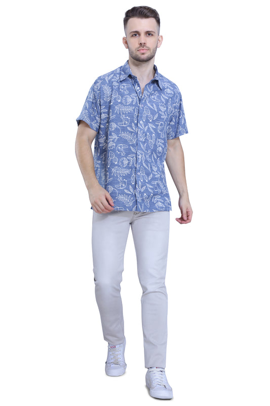 Denim Blue Cotton Printed Shirt