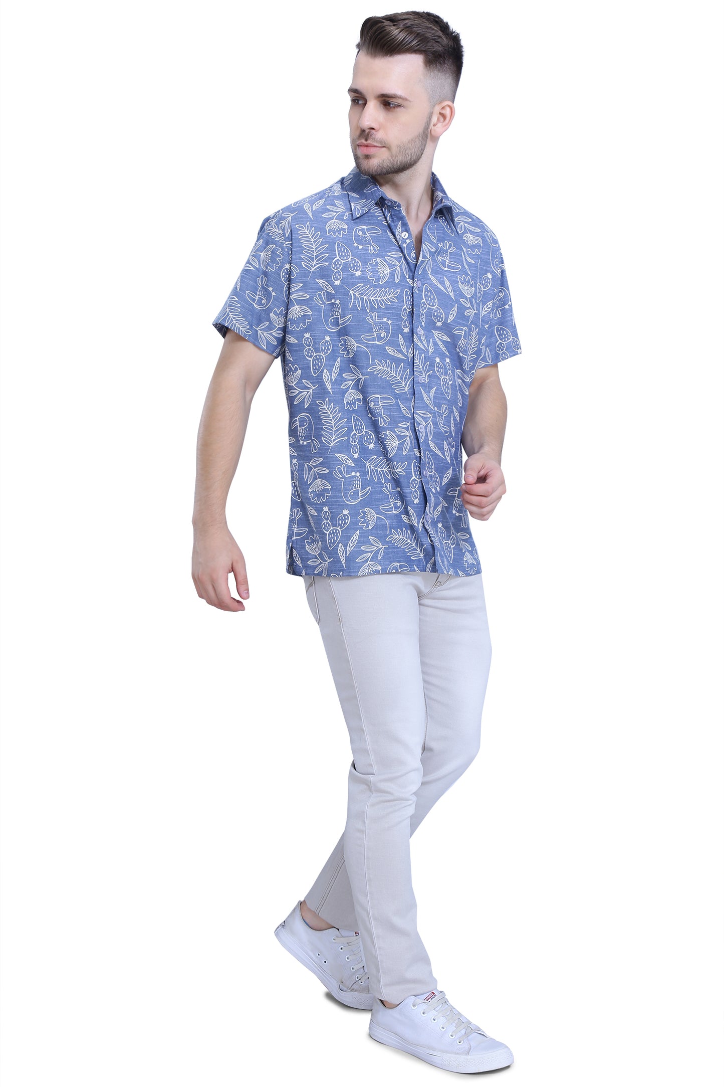 Denim Blue Cotton Printed Shirt