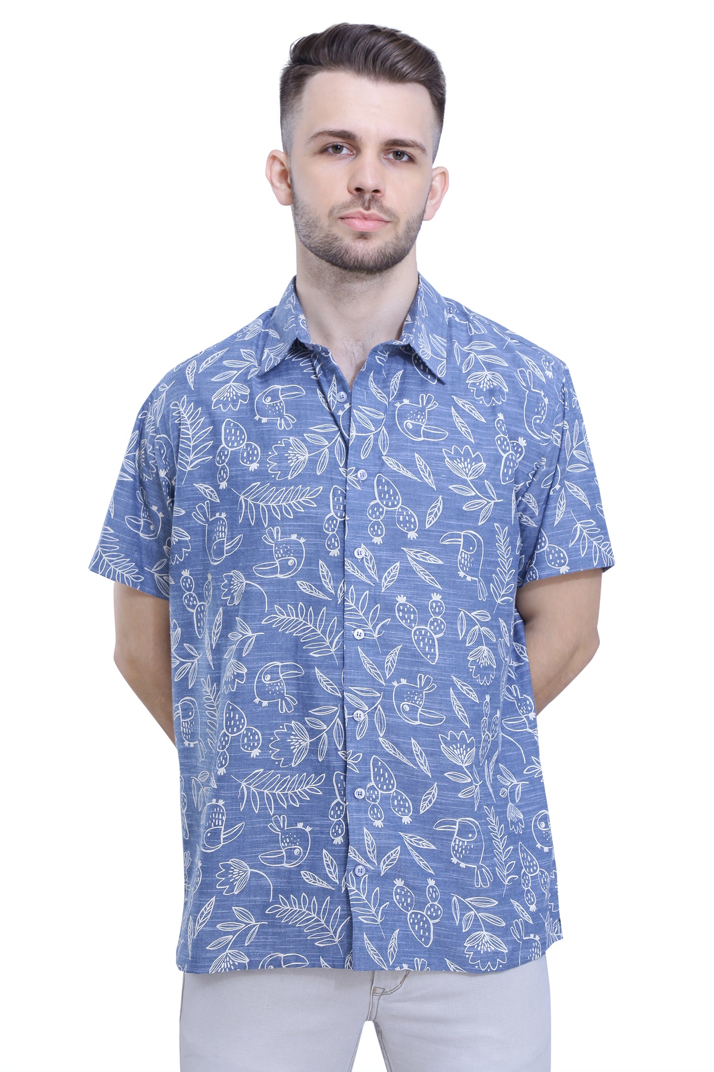 Denim Blue Cotton Printed Shirt