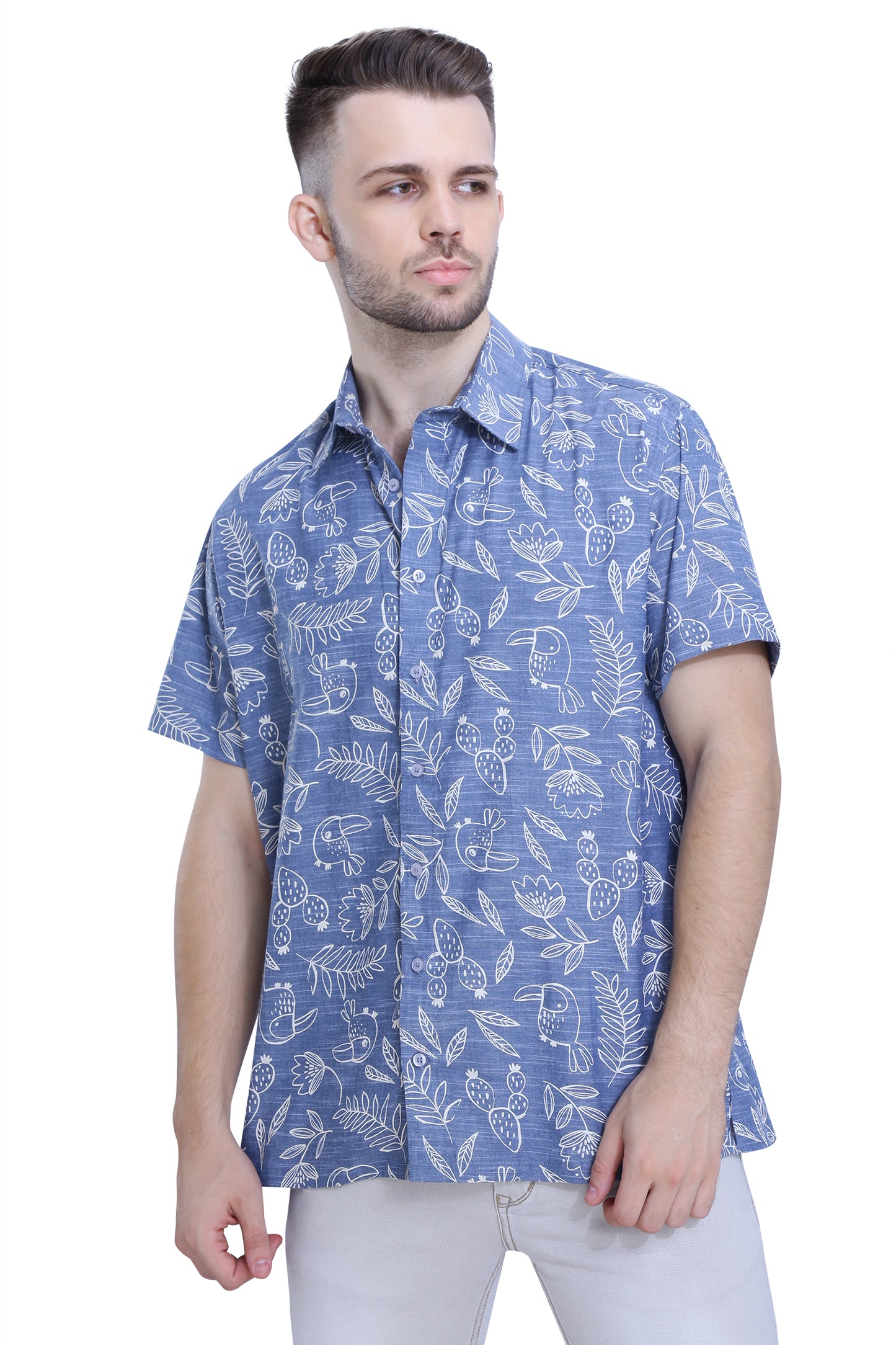 Denim Blue Cotton Printed Shirt