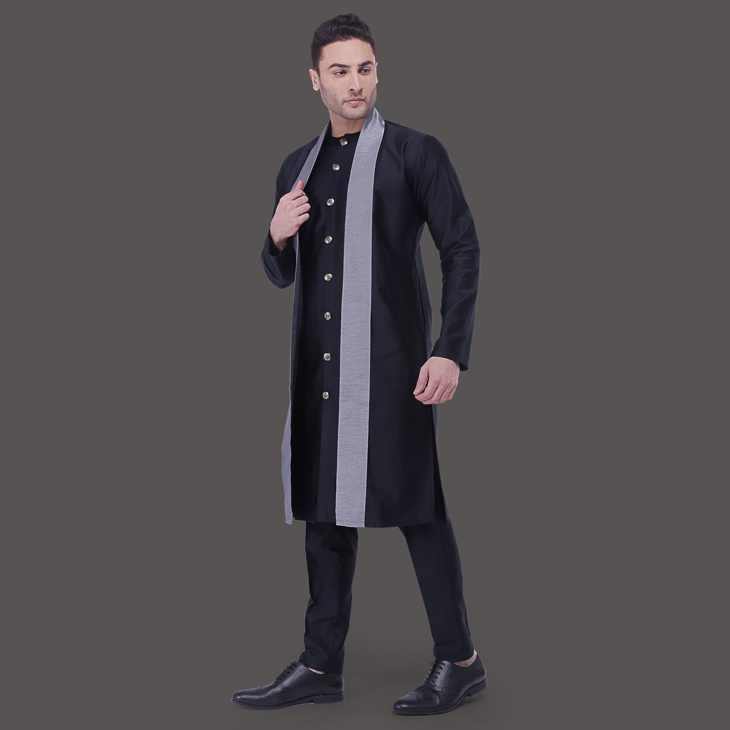 Black Kurta with Attached Drape Set