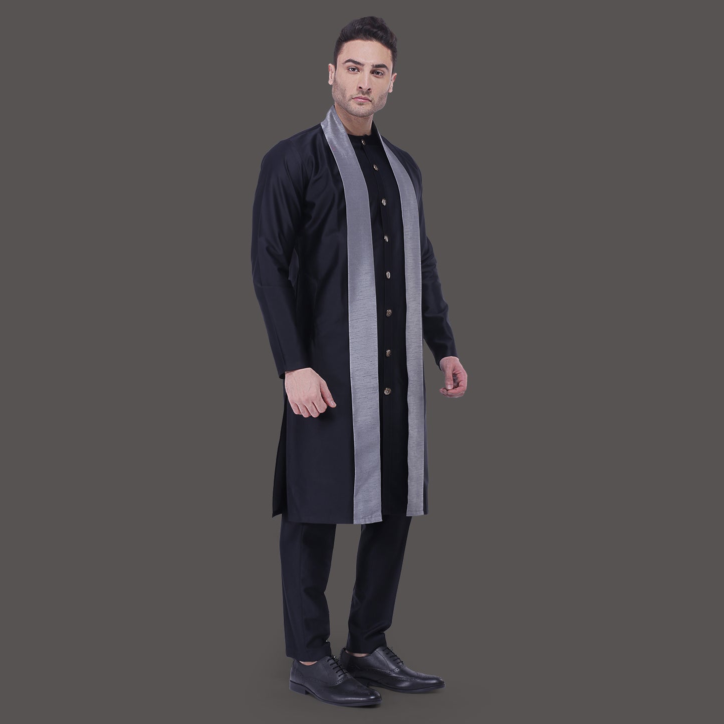 Black Kurta with Attached Drape Set