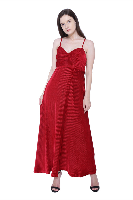 Red Velvet Pleated Dress