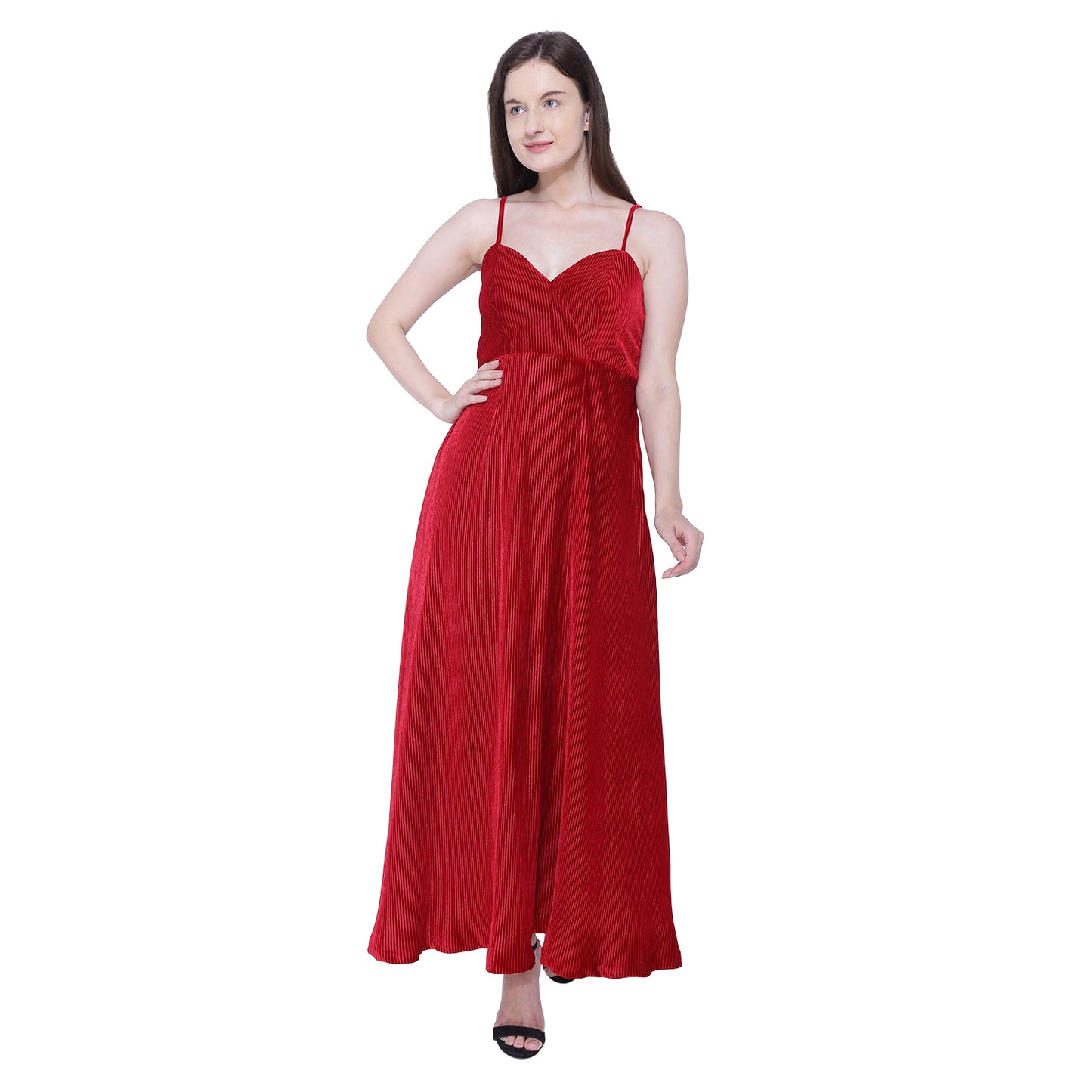 Red Velvet Pleated Dress