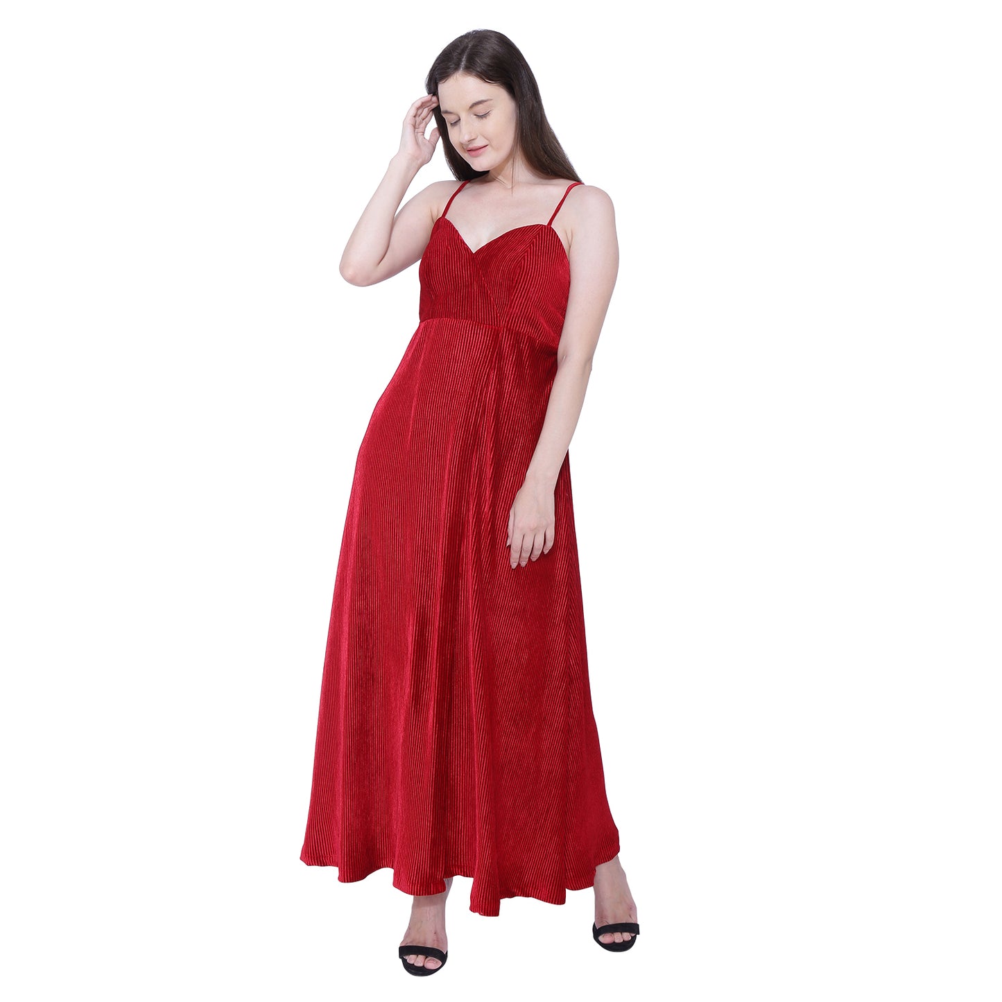 Red Velvet Pleated Dress