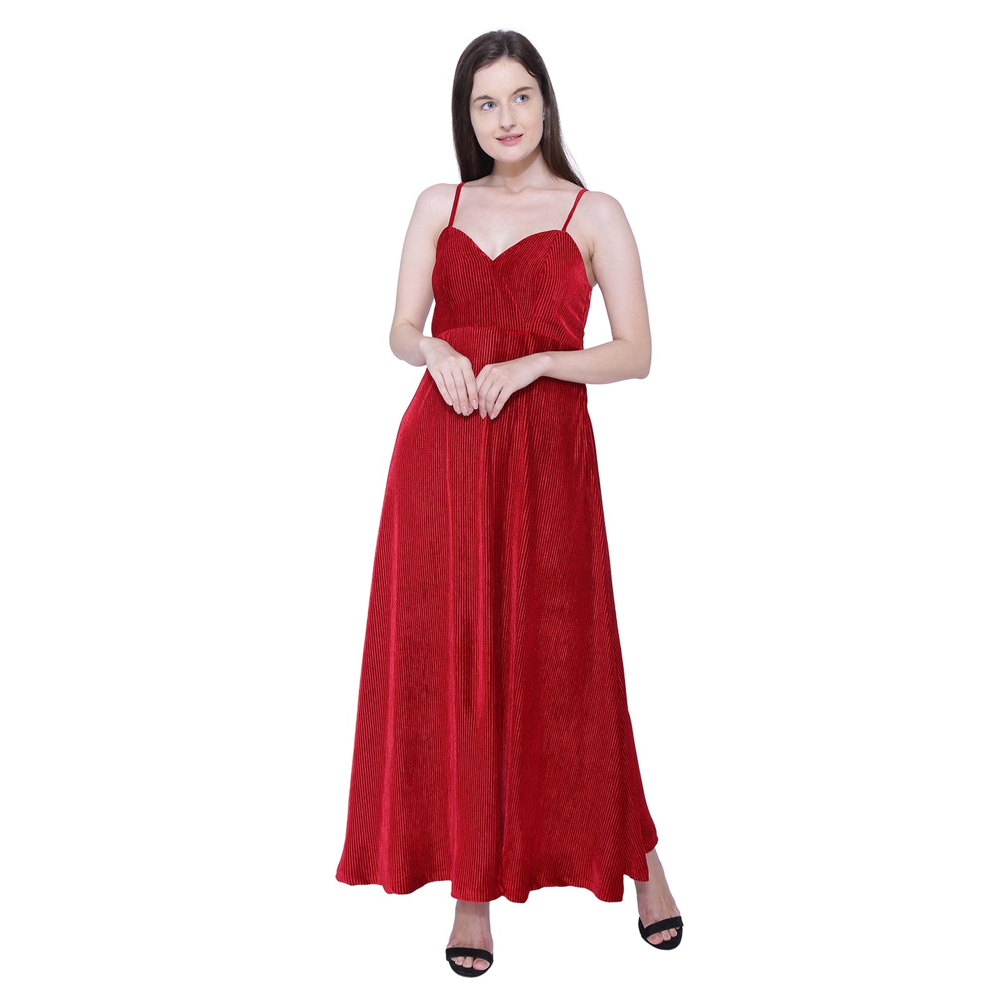 Red Velvet Pleated Dress