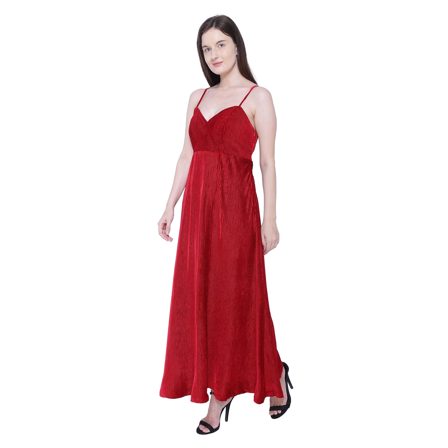 Red Velvet Pleated Dress