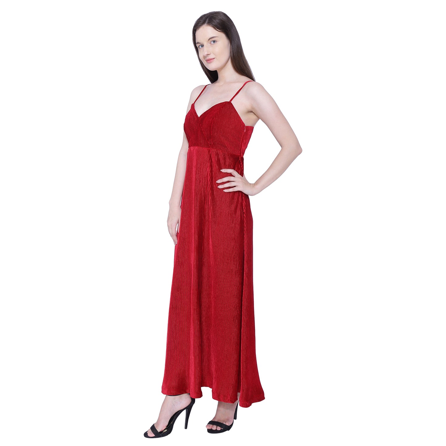 Red Velvet Pleated Dress